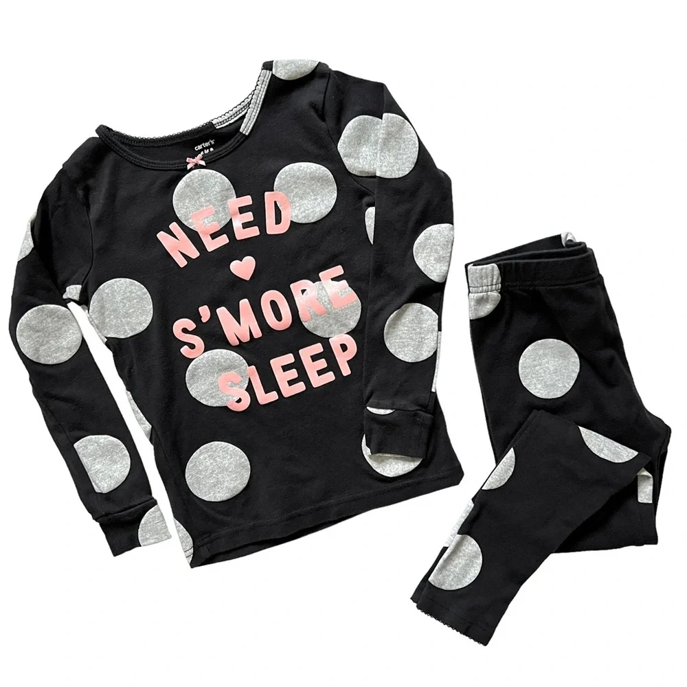 CARTER’S “Need S’More Sleep” Black Silver Cotton Polka Dot Pajama Set Sz 6/6A